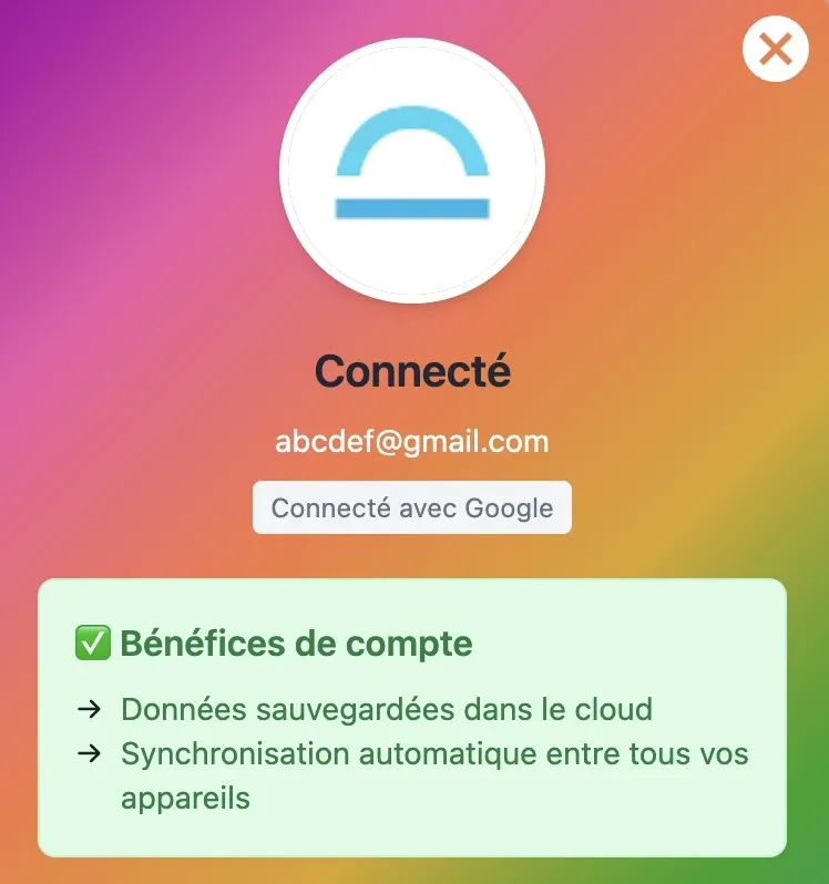 L’écran du compte présente la sauvegarde et la synchronisation des données.