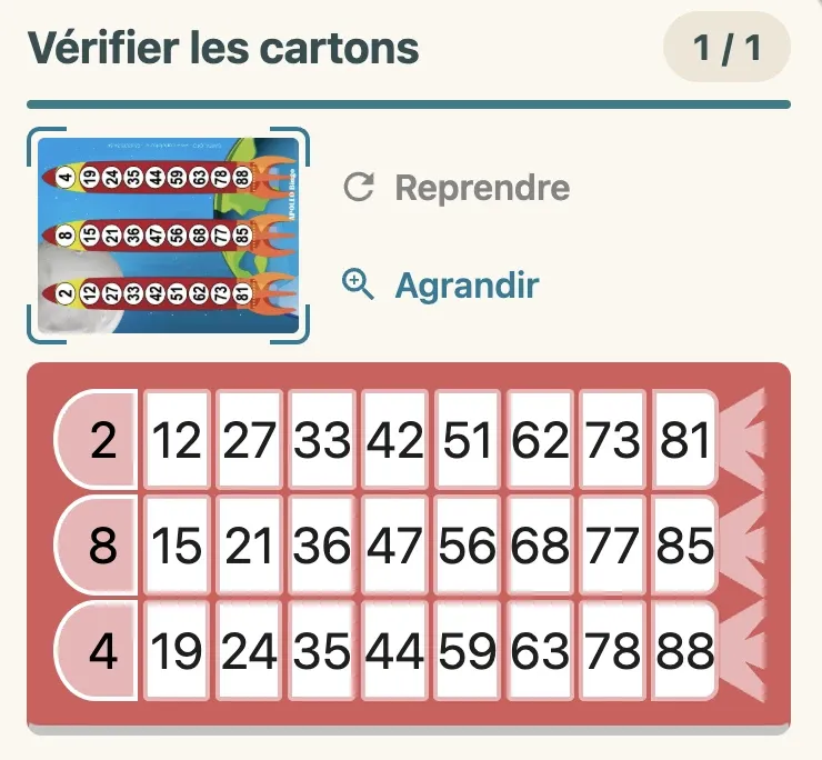 L'écran de vérification d'un scan : la photo de la planche de fusées et les trois fusées lues, avec leurs neuf numéros.