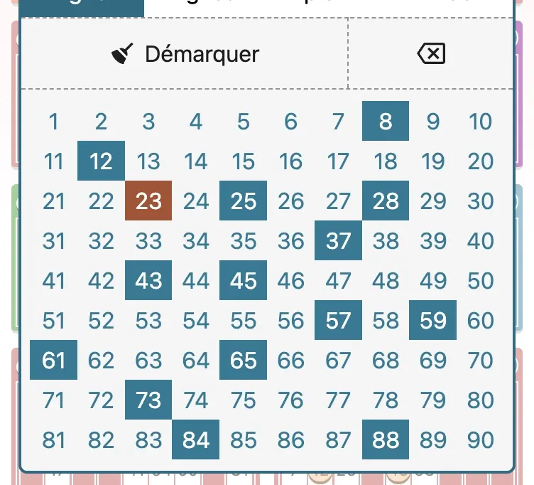 La grille de tirage avec les numéros marqués dans la version 8.1.