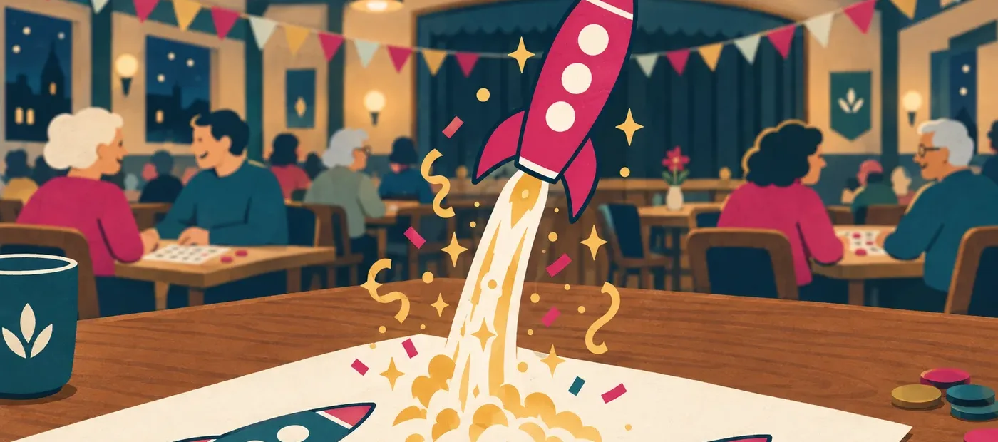 Une fusée de la planche décolle de la table au milieu d'une salle des fêtes.