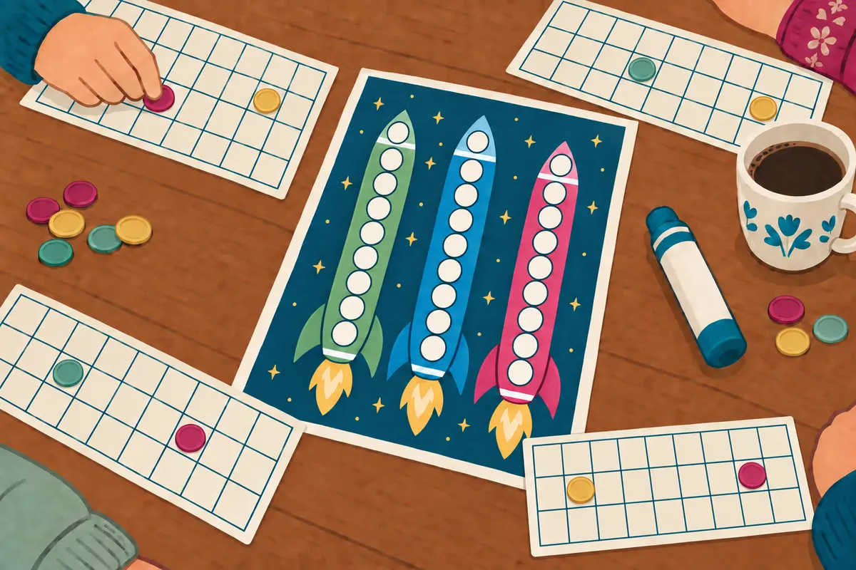 Une planche de fusées posée sur la table d'un loto, entre des cartons, des jetons et un feutre.