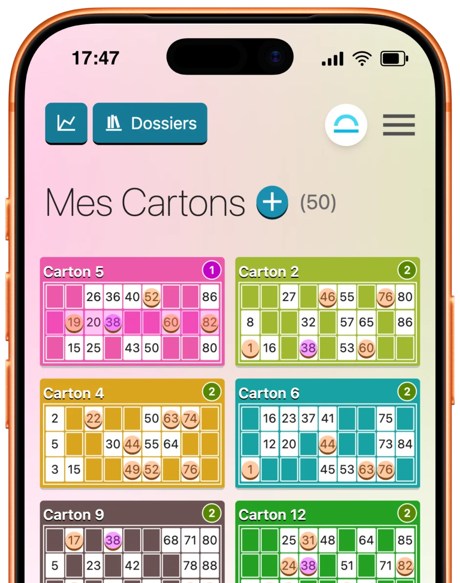 Interface de l'application Loto Quine montrant la gestion de cartons colorés avec scan automatique des numéros