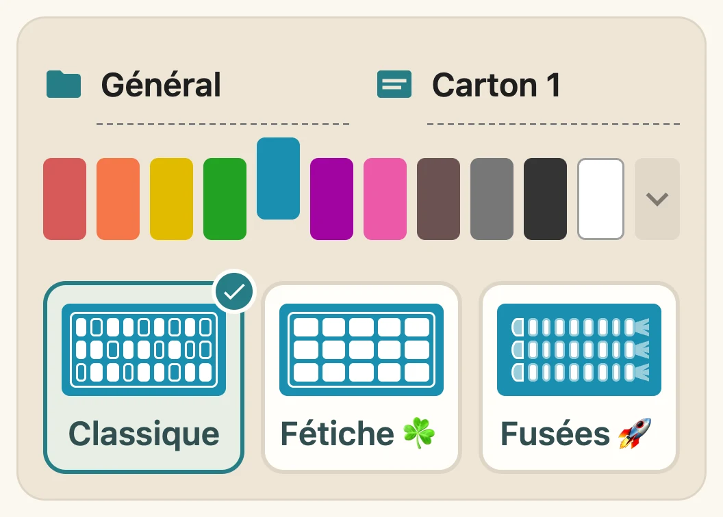 Loto Quine : Dossier, nom, couleur et type de carton