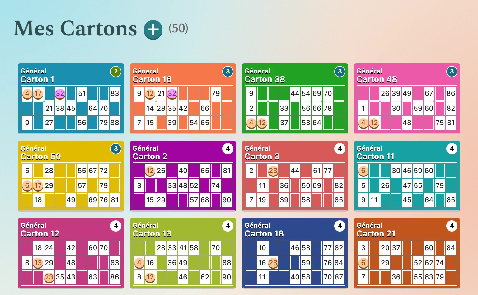 Douze cartons de couleurs différentes suivis ensemble sur une tablette, leurs numéros marqués au fil du tirage.