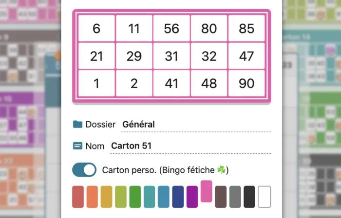 Personnalisation d'un carton de loto avec nom, dossier et mode bingo fétiche